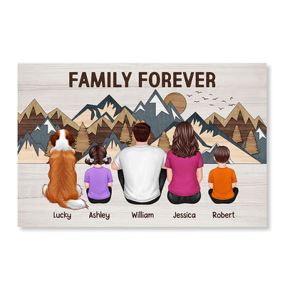 Family Couple Kids Dog Cat Sitting Mountain Panel Effect Personalized Horizontal Poster