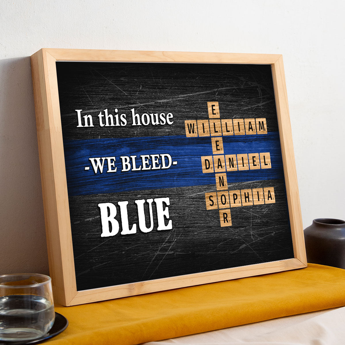 In This House We Bleed Blue Family Crossword Art Puzzle, Personalized Thin Blue Line Poster, Meaningful Father's Day Gift for Dad, Gift for Husband