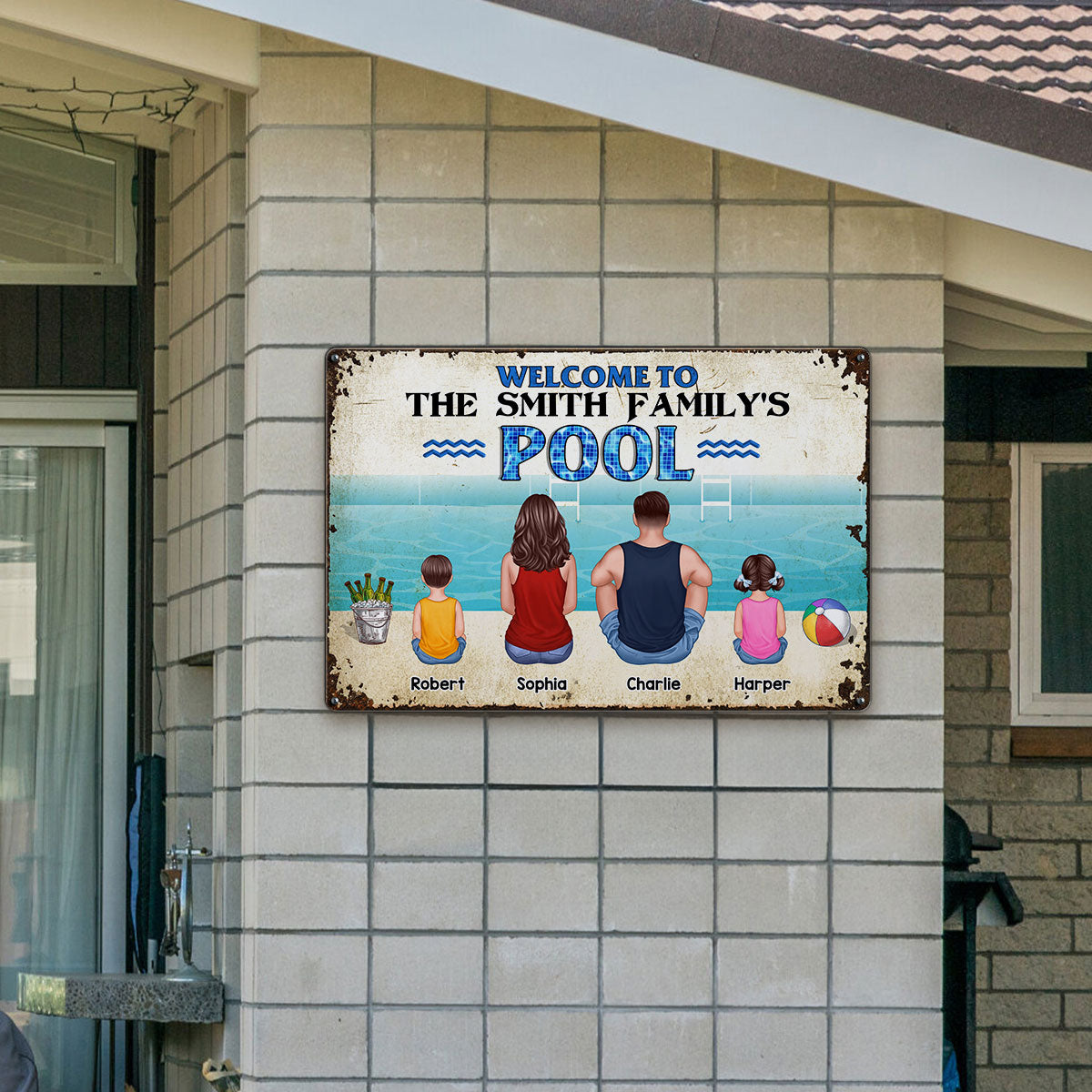 Welcome To Family Poolside Back View Personalized Metal Sign