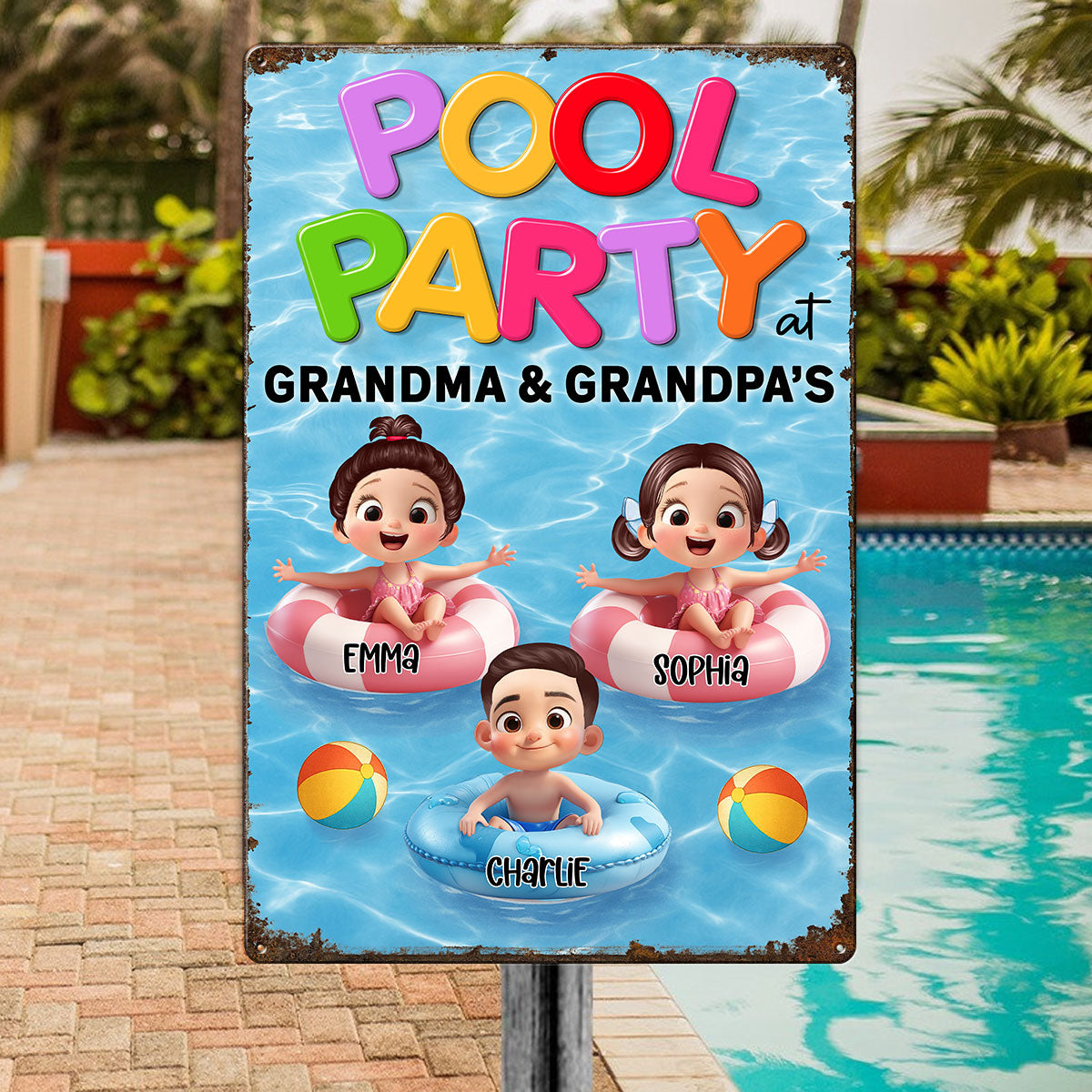 Pool Party at Grandma & Grandpa Personalized Metal Sign, Grandkids Summer Sign