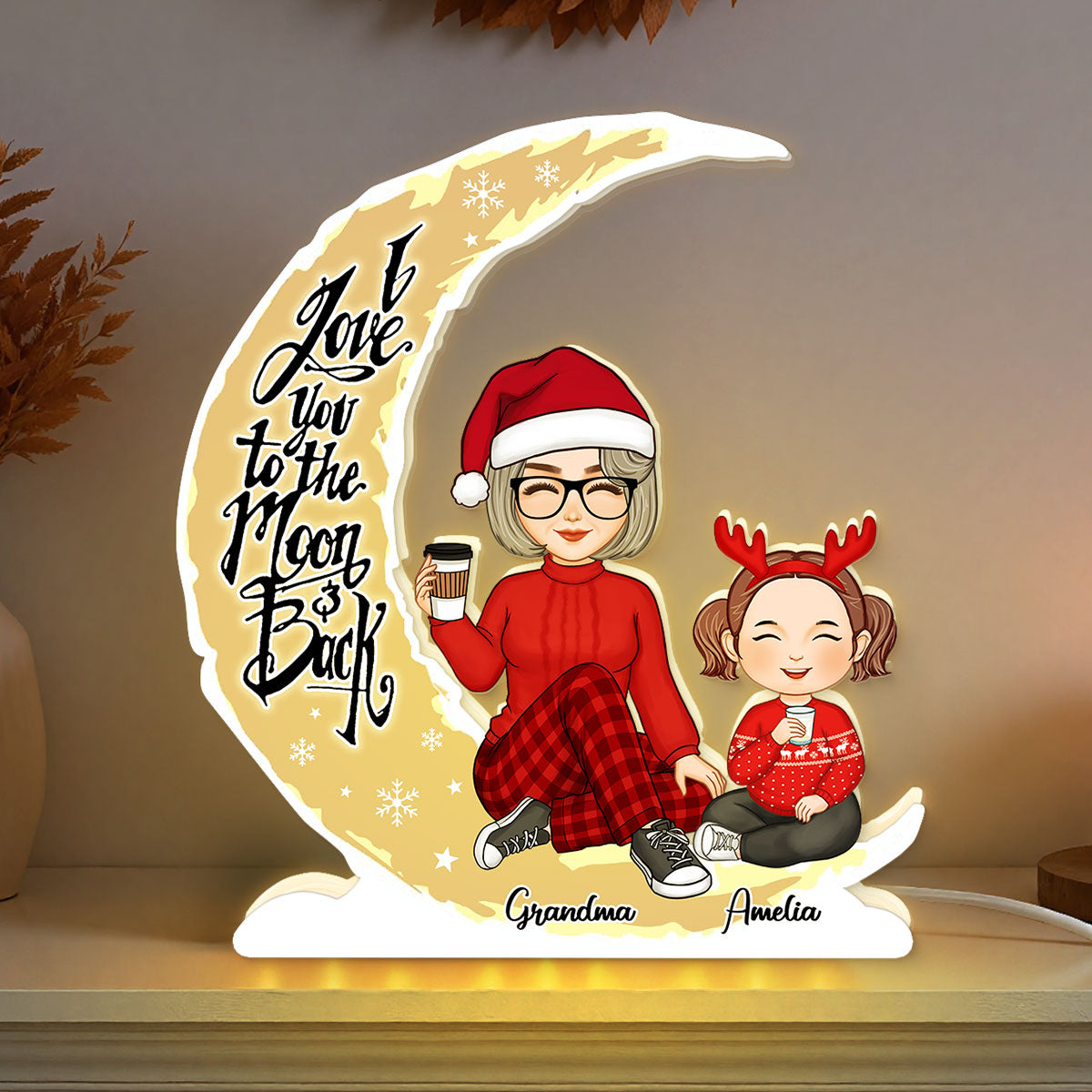 Cute Grandma & Grandkid On Yellow Moon Christmas Gift Personalized Light Box