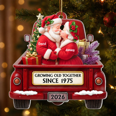 Growing Old Together Santa Couple Red Truck - Personalized Acrylic Ornament - Heartwarming Christmas Gift For Him, For Her, For Couple