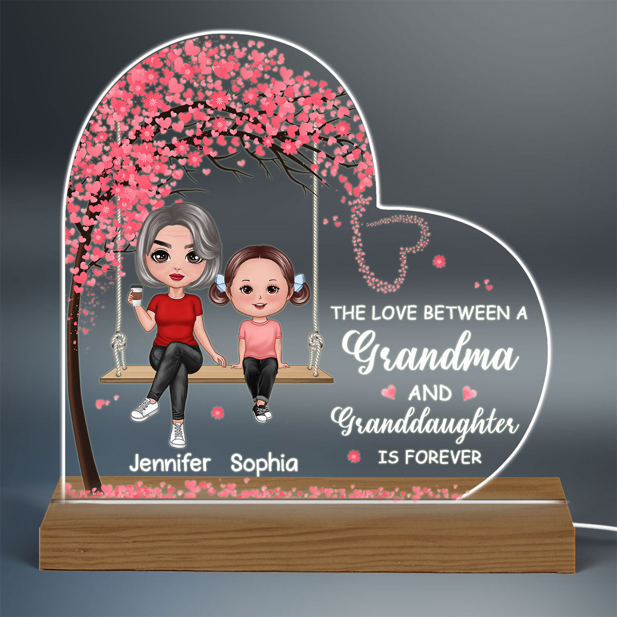 Grandma Granddaughter Daughter Sitting On Swing Personalized Custom Shape Acrylic Plaque Warm LED Night Light