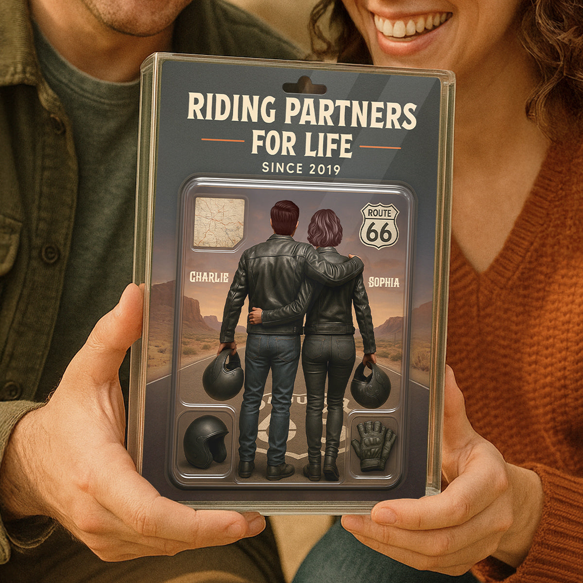 3D Effect Custom Figure Couple Bikers Riding Partners For Life Personalized Flat Acrylic Block, Birthday Gift, Wedding Gift, Anniversary Gift For Bikers