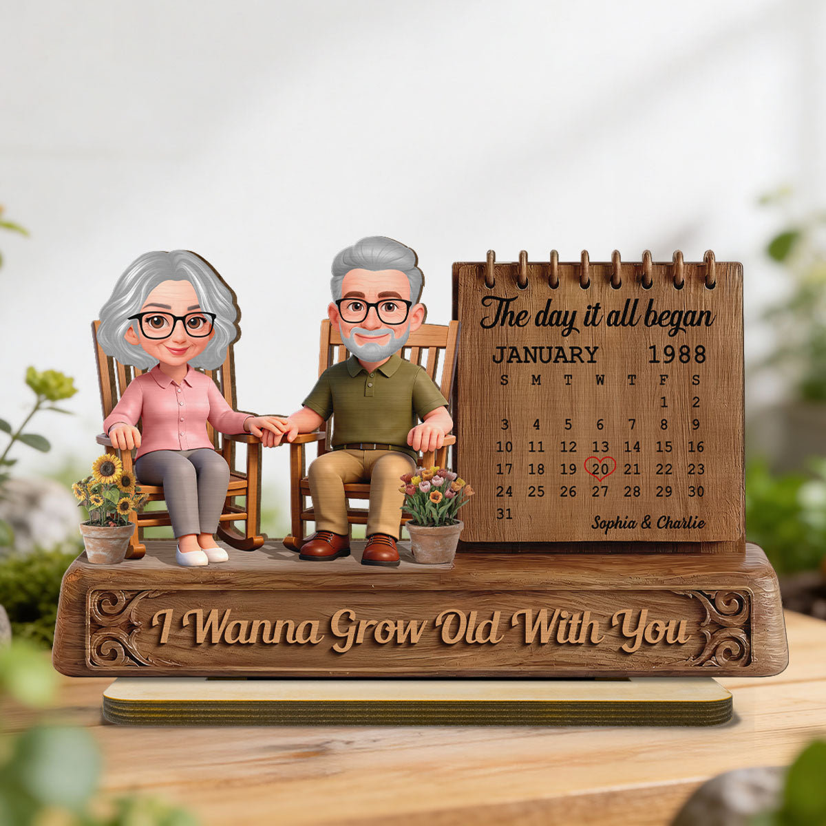 3D Effect Old Couple Sitting On Rocking Chair Anniversary Date Calendar - Personalized 2-Layered Wooden Plaque