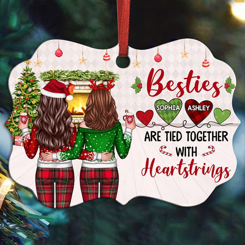 Christmas Besties Back View Tied With Heartstrings Personalized Christmas Ornament