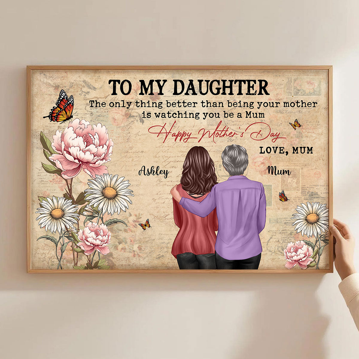 To My Daughter From Mum Vintage Floral Newspaper Birth Month Flower - Personalised Poster - UK Mother's Day