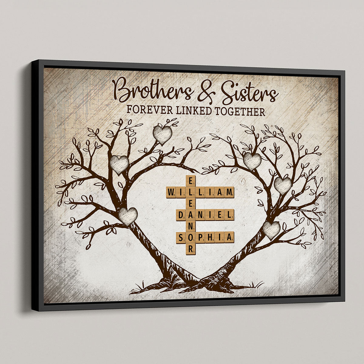Brothers & Sisters Forever Linked Together Heart Tree Puzzle Crossword Art Personalized Poster, Gift For Brothers, Sisters, Siblings