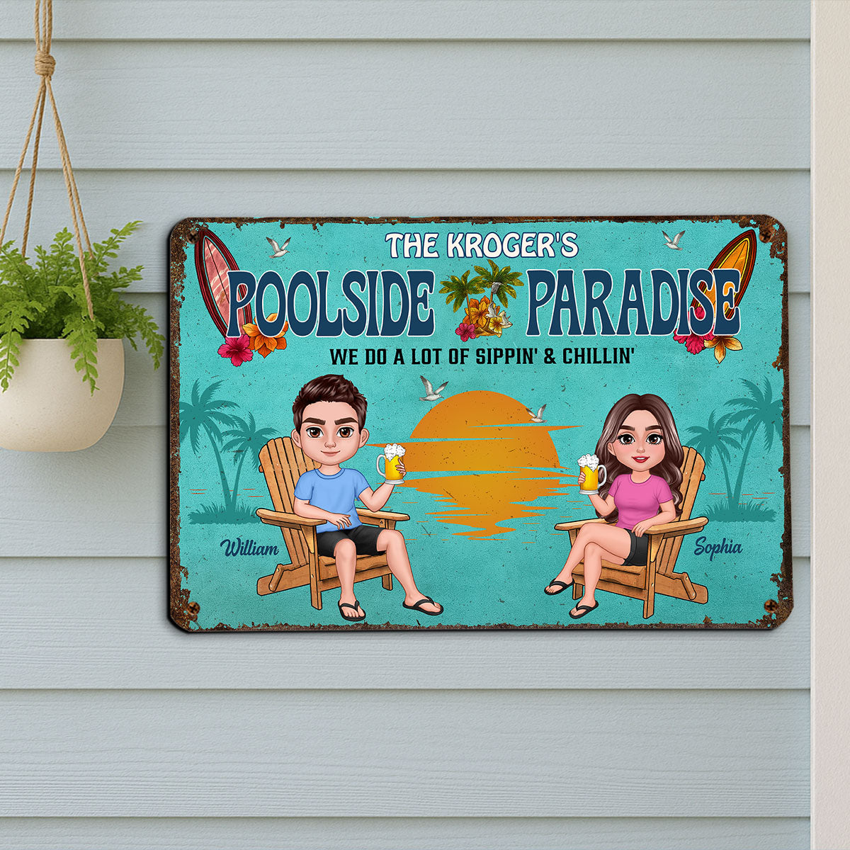 Summer Family Couple Poolside Paradise Grilling And Chilling Personalized Metal Sign