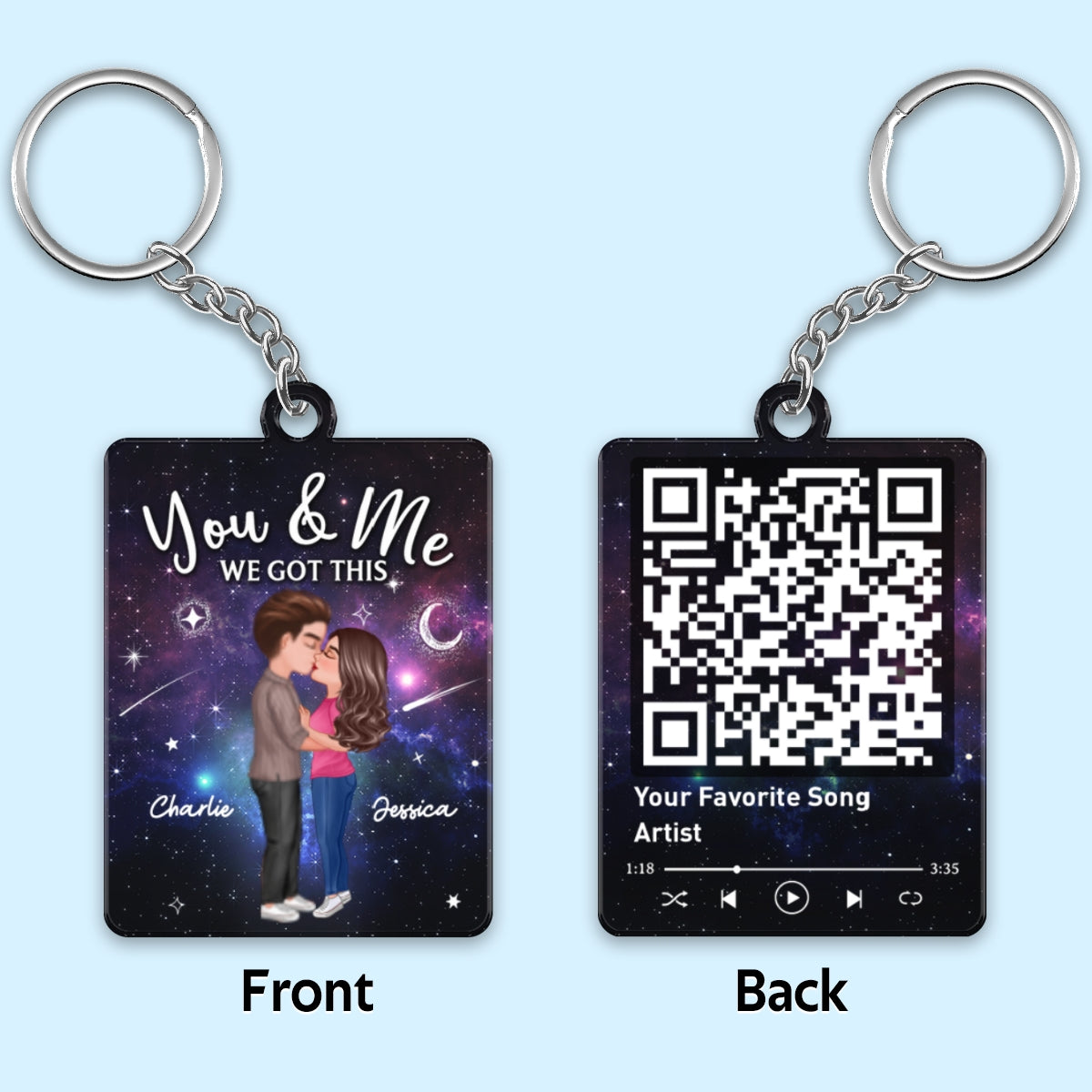 Couple Kissing In Galaxy Night Favorite Song Scannable QR Code - Personalized Acrylic Keychain - Anniversary Gift For Him, Gift For Her