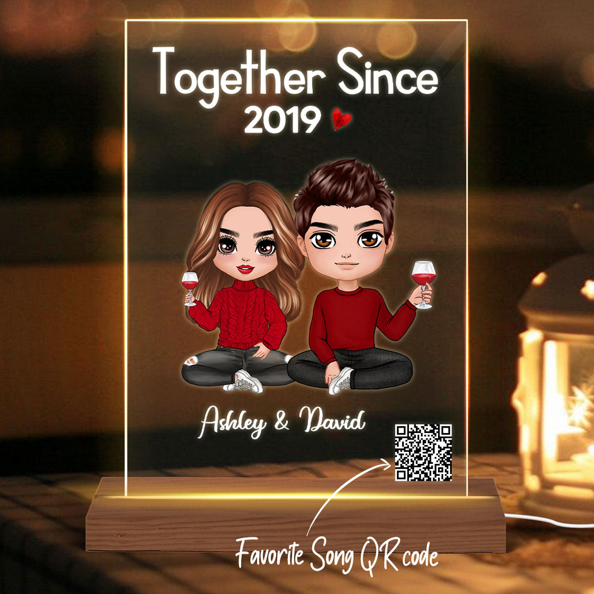 Doll Couple Sitting Scannable QR Code Gift For Him Gift For Her Personalized Rectangle Acrylic Plaque With LED Night Light