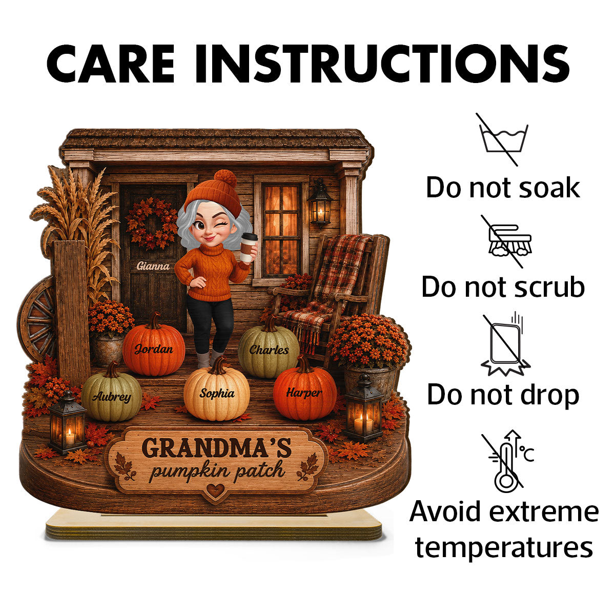 Grandma's Pumpkin Patch Front Porch 2D Flat Printed - Personalized 2-Layered Wooden Plaque - Cozy Fall Decor for Grandma