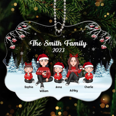 Christmas Berry Tree Cute Family Dad Mom Kids Dogs Cats Sitting In Snow Personalized Acrylic Ornament