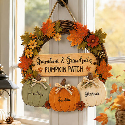 Grandma Grandpa's Pumpkin Patch 2D Flat Printed Wreath - Personalized Door Hanger - Fall Season Decor For Grandparents