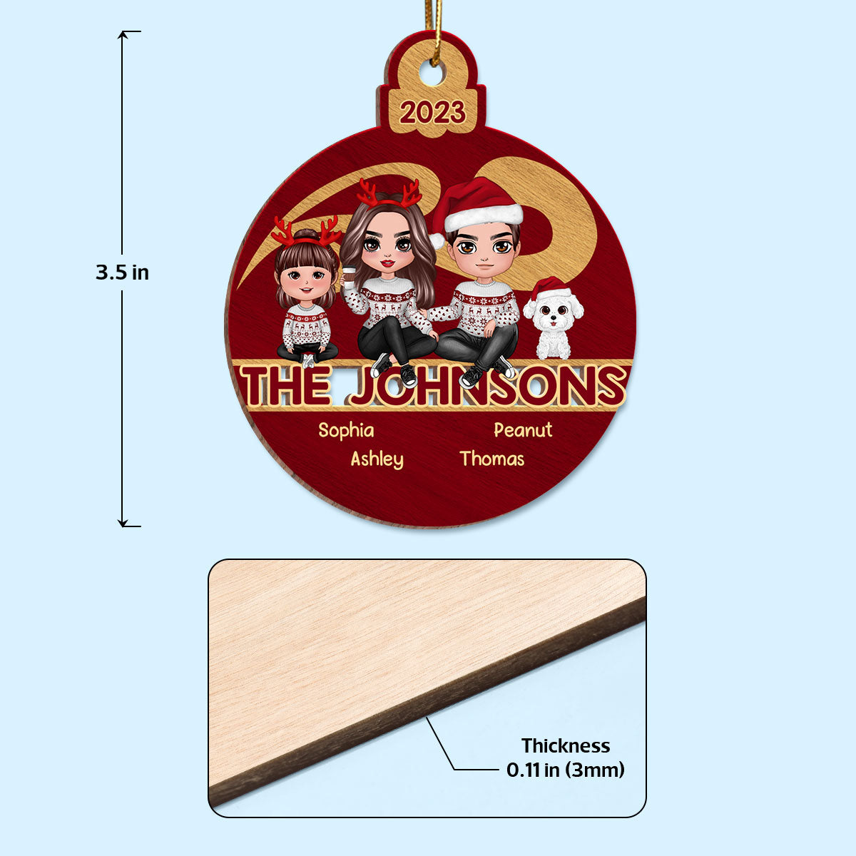 Bauble Red Maple Family Sitting Personalized Wooden Ornament