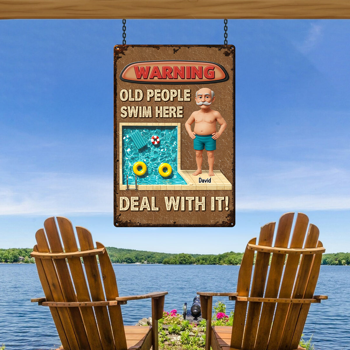 3D Effect Warning Old People Swim Here Funny Summer Decor Personalized Metal Sign