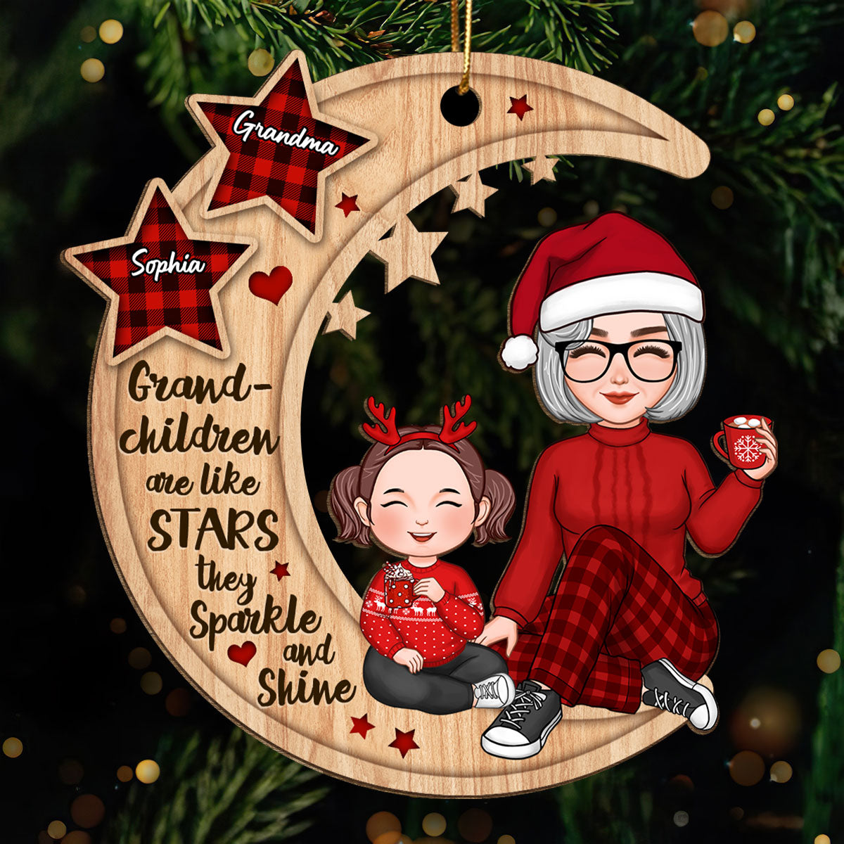 Grandchildren Are Like Stars Grandma Grandkids Sitting On Moon Personalized Wooden Ornament
