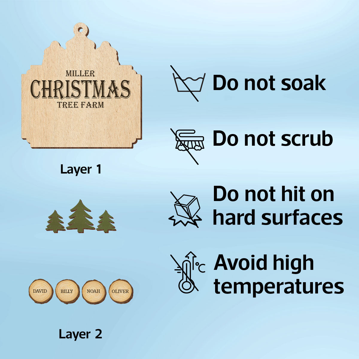 Christmas Tree Farm Family Wood Slice Personalized 2-Layer Wooden Ornament