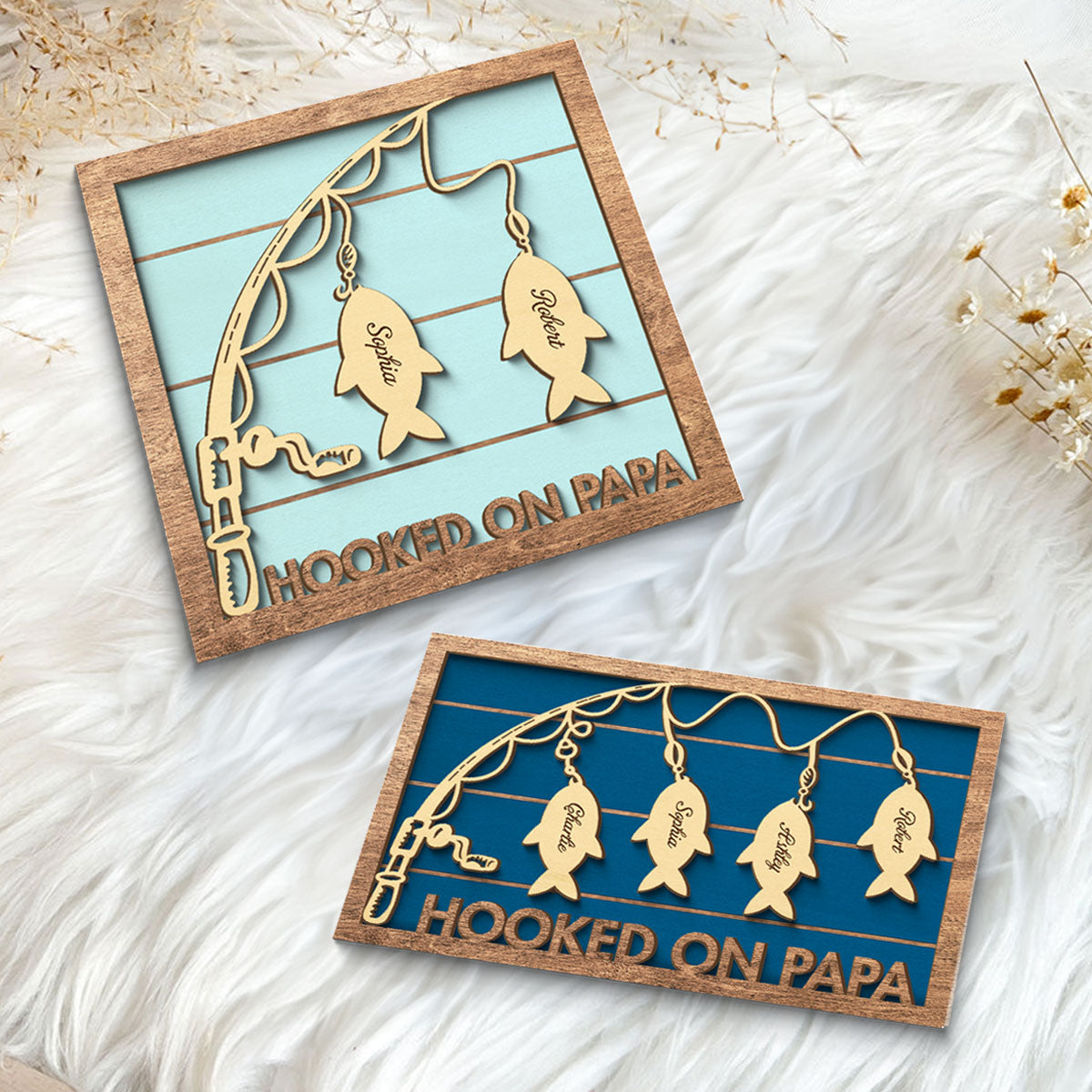 Hooked On Papa Fishing Grandpa Personalized 2-Layer Wooden Plaque