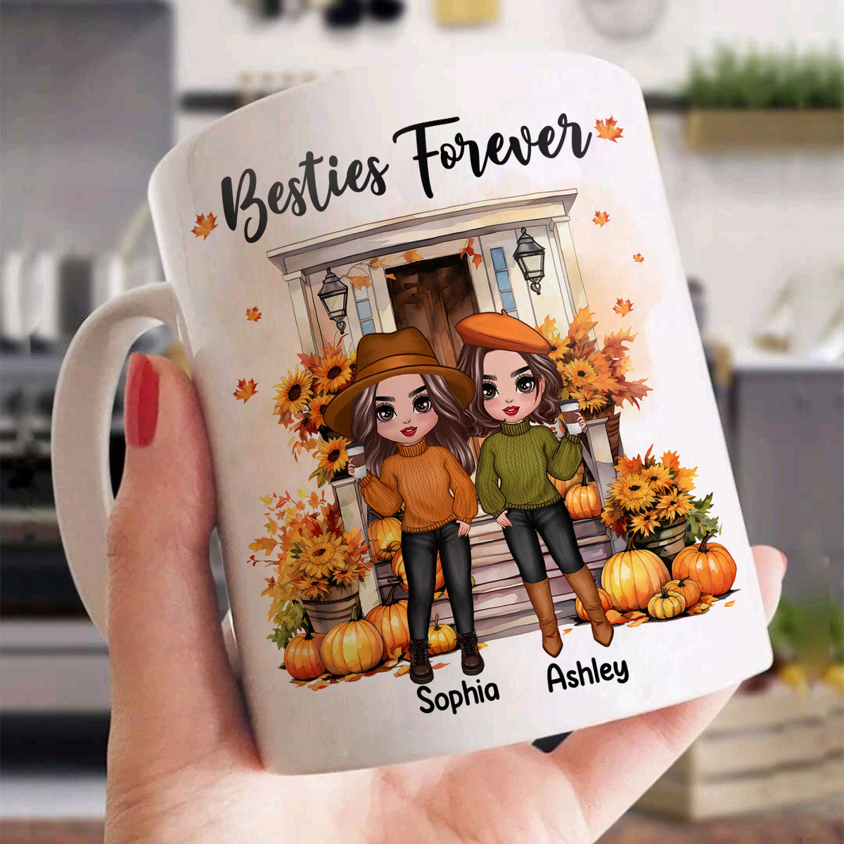Fall Season Besties Sister Standing Front Door Personlized Mug