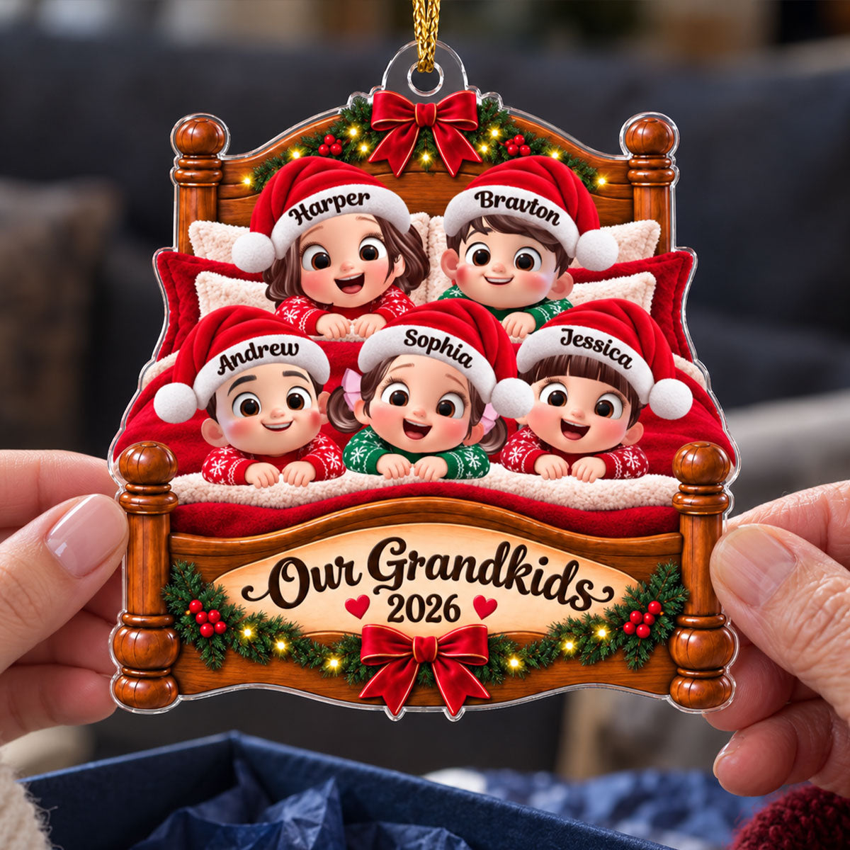 Our Grandkids Christmas Bed 2D Flat - Personalized Acrylic Ornament - Grandchildren Keepsake Gift for Grandma & Grandpa