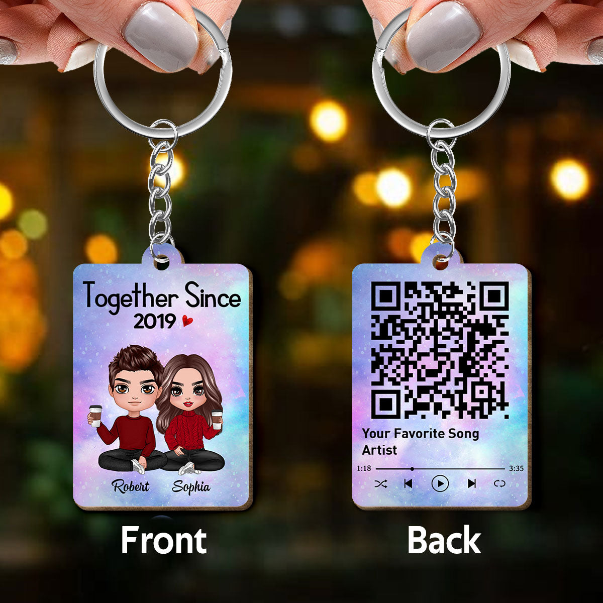Doll Couple Sitting Together Since Favorite Song Scannable QR Code Personalized Wooden Keychain