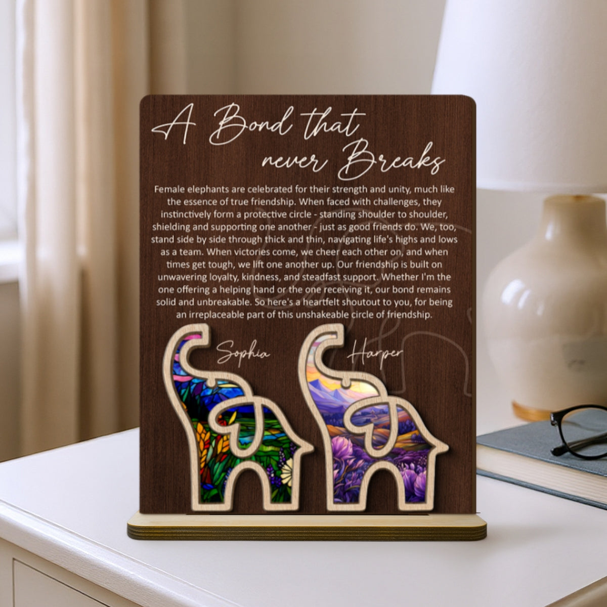 Elephant Friendship Story Besties Special Bond Personalized 2-Layer Standing Wooden Plaque, Birthday Gift, Friendship Gift For Best Friends