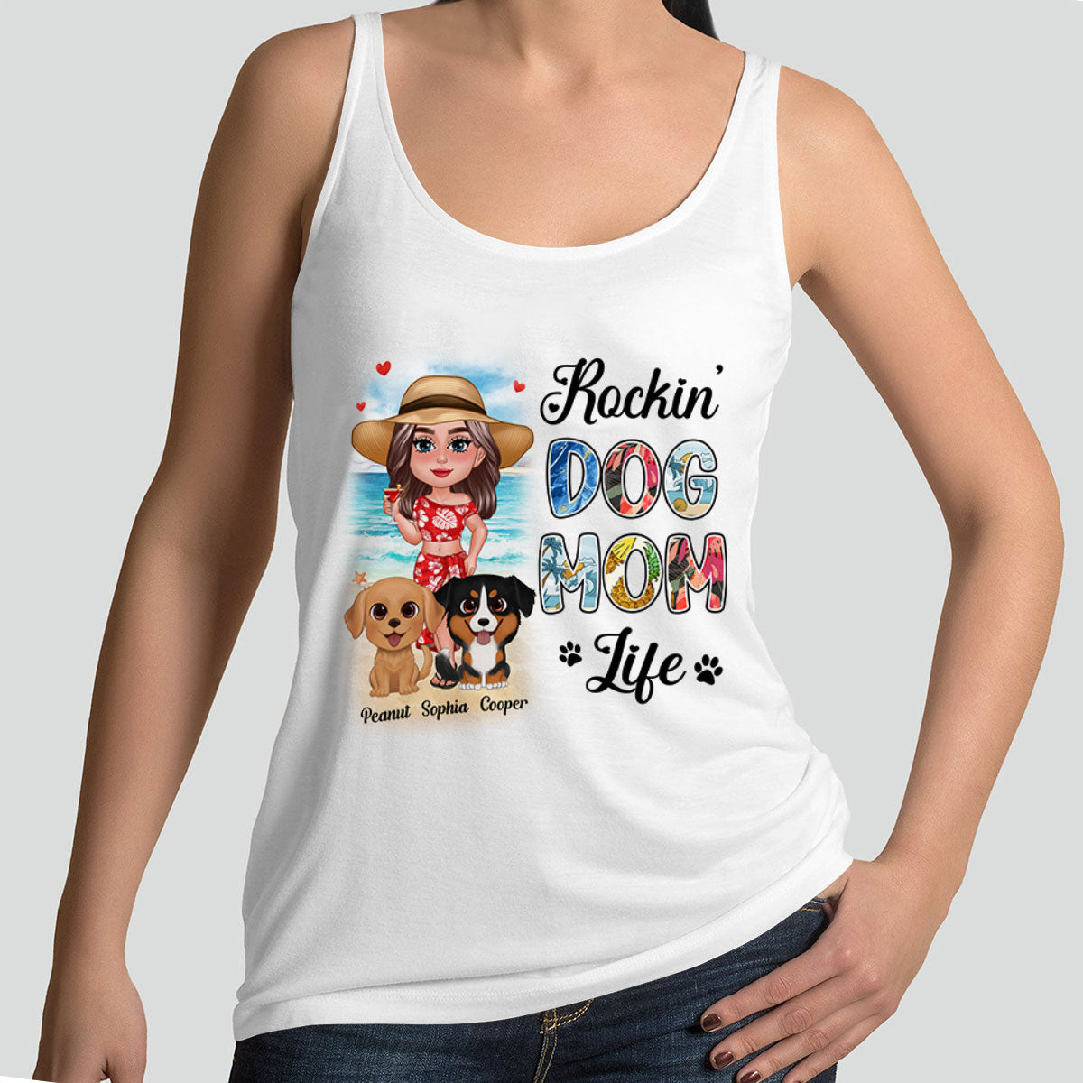 Summer Doll Woman New Face With Watercolor Cute Dogs Rockin‘ The Dog Mom Life Personalized Tank Top Shirt
