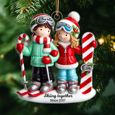 Personalized Ski Couple Christmas Acrylic Flat Ornament, Ski Resort Vacation, Adventurer, Winter Sports, Skiing Custom Xmas Gift
