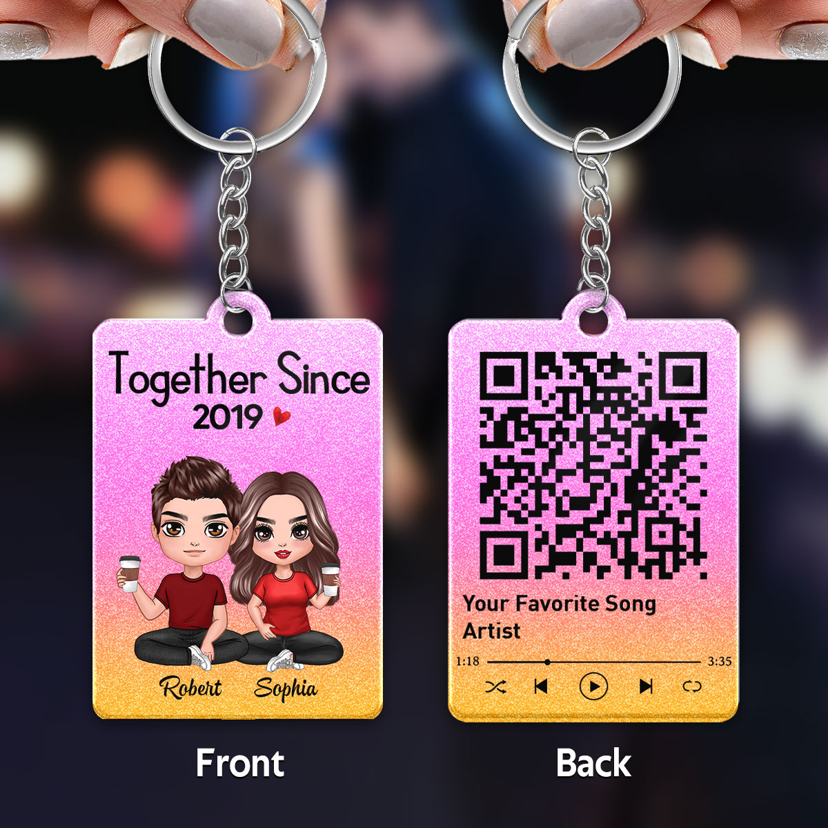 Doll Couple Sitting Together Glitter Effect Favorite Song Scannable QR Code Personalized Acrylic Keychain [Not Real Glitter]