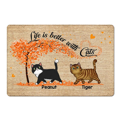 Walking Fluffy Cat Under Heart Tree Personalized Doormat