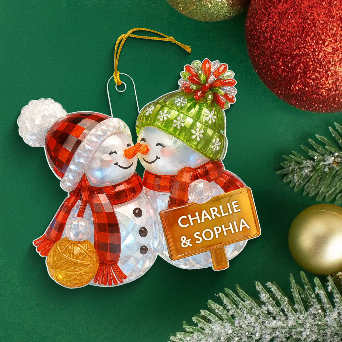 Kissing Snowman Couple 3D Crystal Effect - Personalized Acrylic Ornament