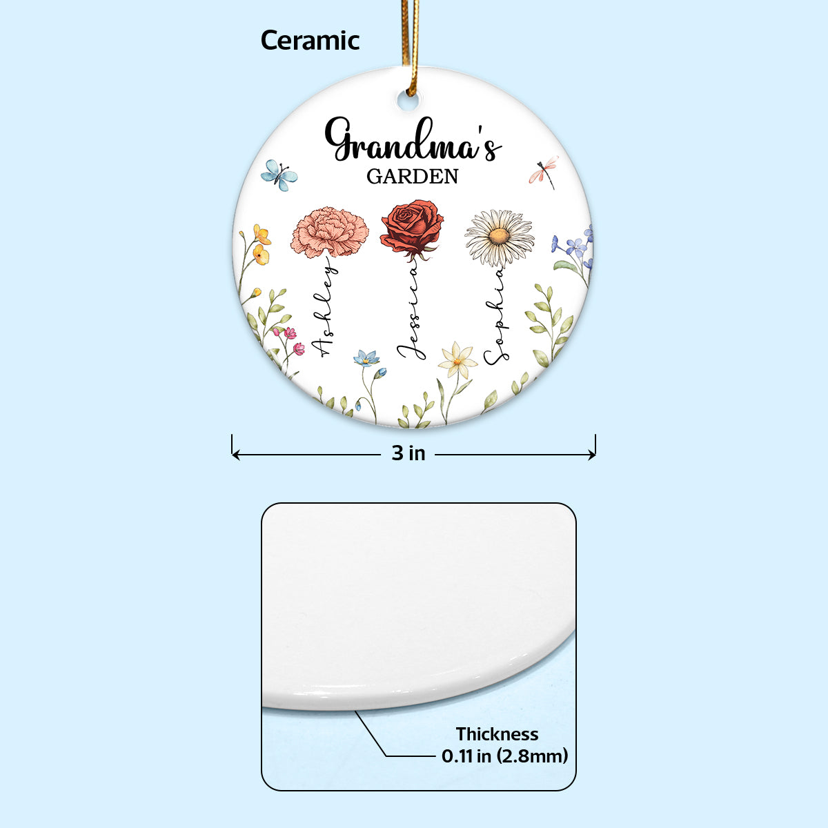 Grandma's Garden Personalized Ceramic Ornament, Christmas Gift For Grandma, Grandkids, Granddaughter, Grandson