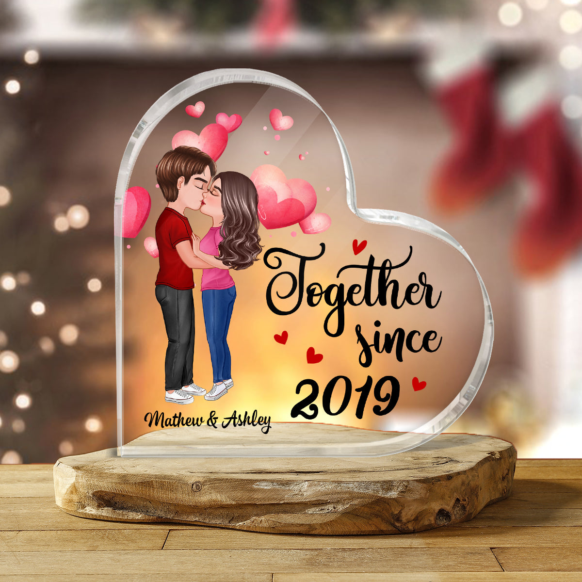 Watercolor Hearts Doll Couple Kissing Gift for Him For Her Personalized Heart Acrylic Plaque