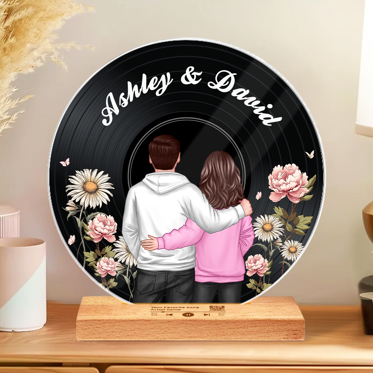 Back View Couple Birth Month Flower Custom Vinyl Record Acrylic Song Plaque, Scannable QR Code, Personalized Birthday, Anniversary Gift for her and for him