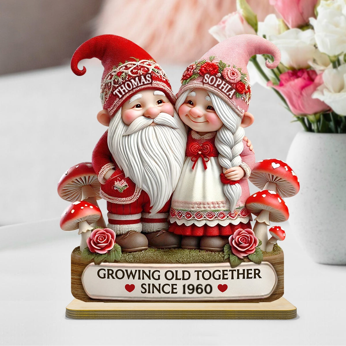 3D Effect Romantic Gnome Couple Personalized Standing Wooden Plaque, Heartfelt Gift For Her, For Wife