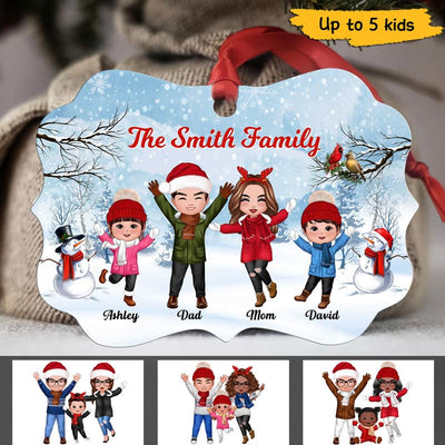 Happy Doll Family Dad Mom Kids In Snow Personalized Christmas Ornament