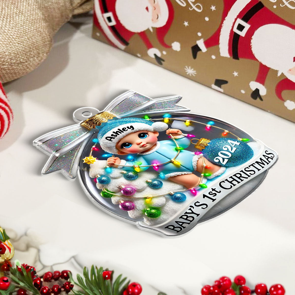3D Effect Baby First Christmas Personalized Acrylic Ornament, Christmas Tree Bow, New Parents Keepsake, Gift for Newborn