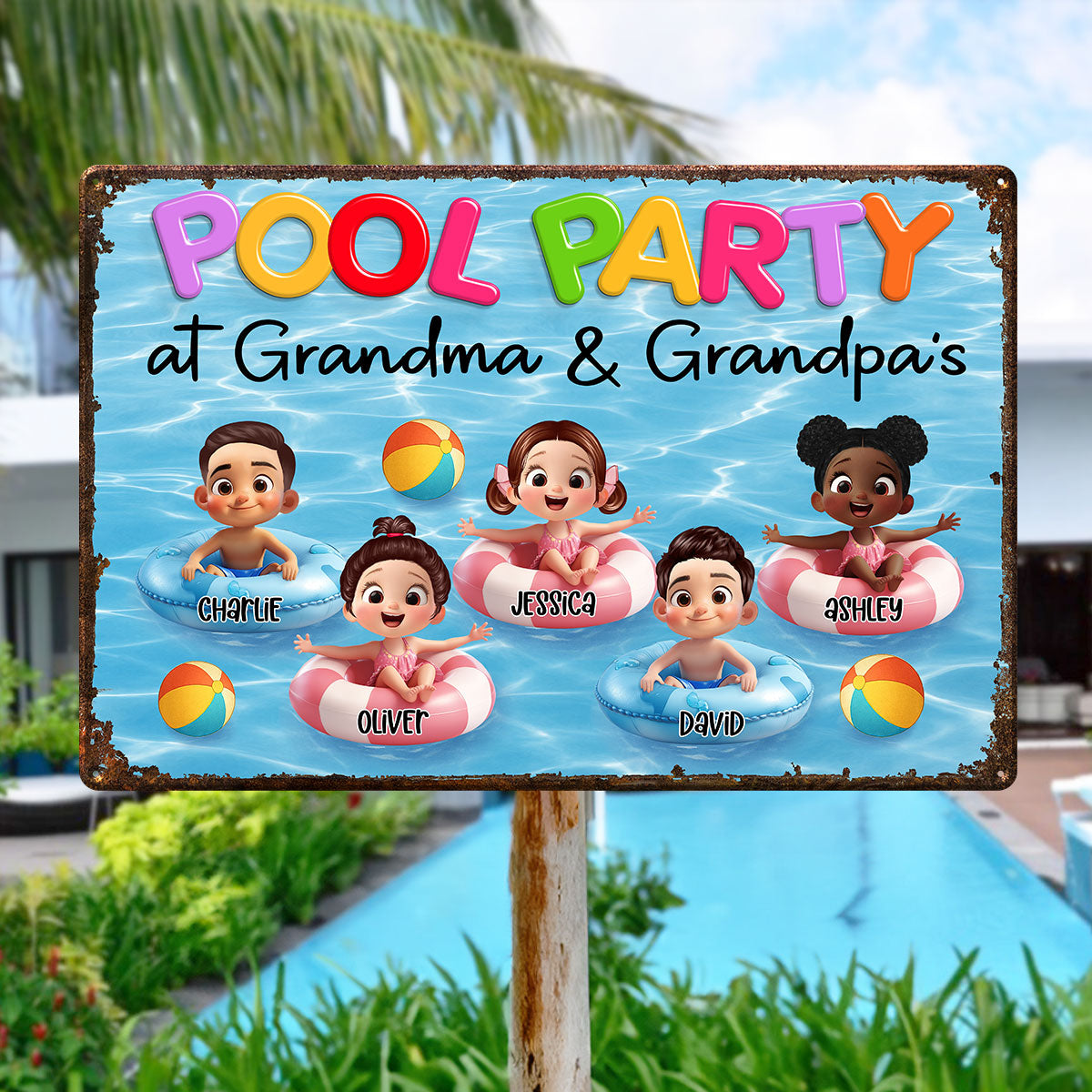 Pool Party At Grandma Grandpa Personalized Metal Sign