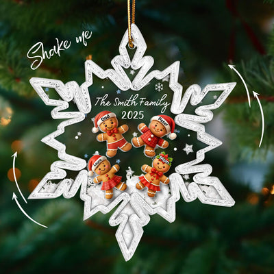 Snowflake Gingerbread Family - Personalized Shaker Ornament - Christmas Gift for Family
