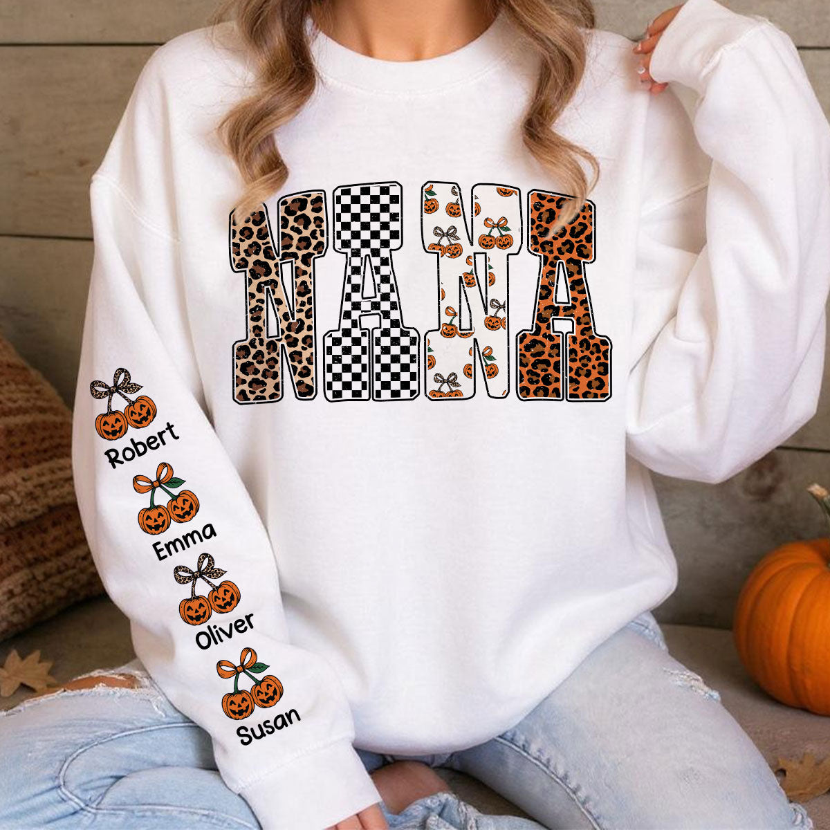 Trendy Fall Mama Personalized Sweatshirt – Leopard, Pumpkin & Checkerboard Fall Halloween Sweatshirt