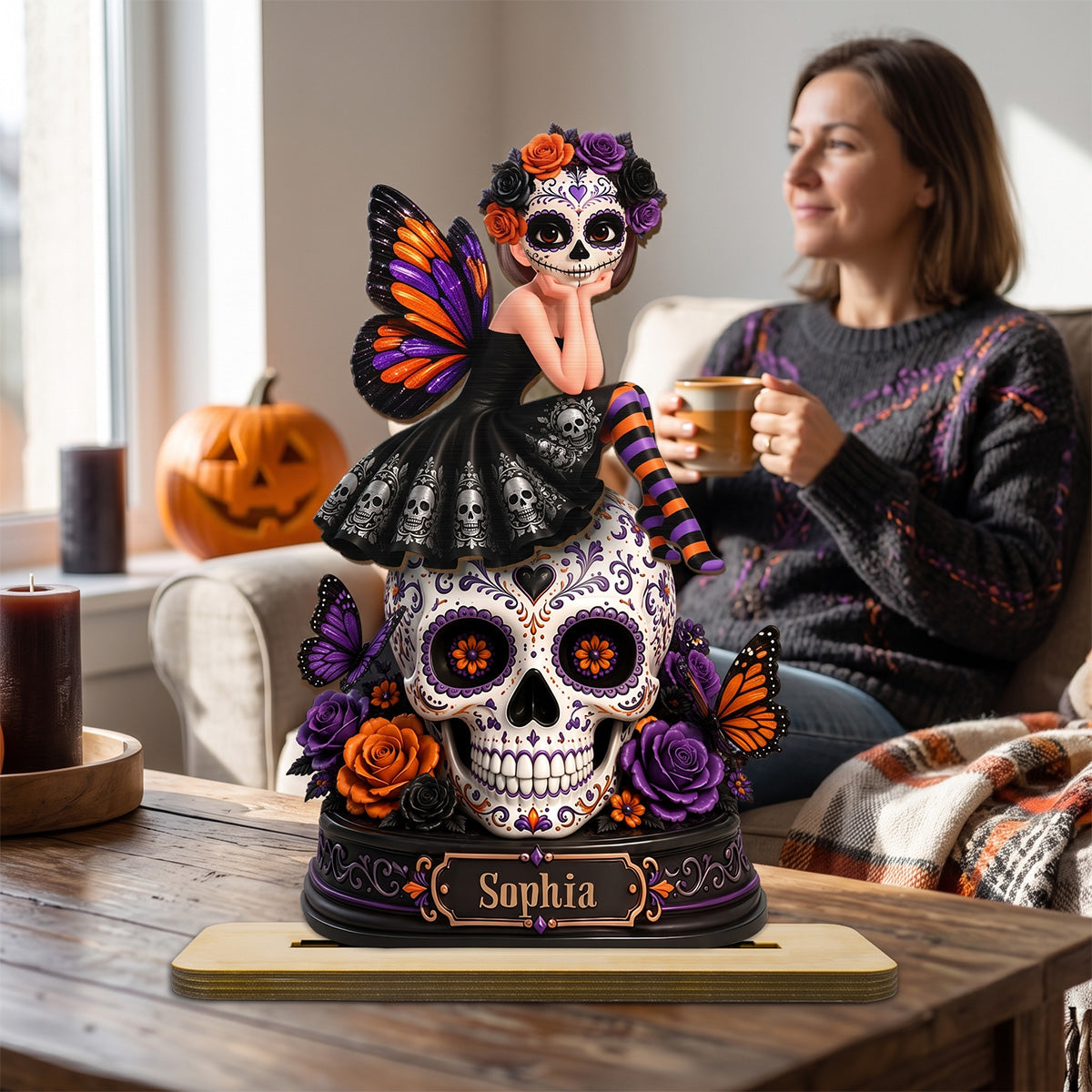 Sugar Skull Girl 2D Flat - Personalized Wooden Plaque - Halloween Decoration