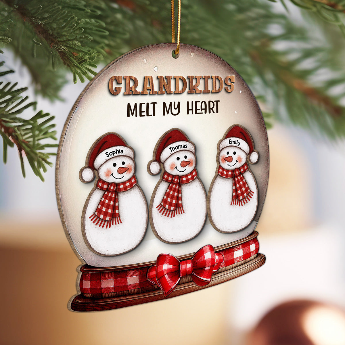 Grandkids Melt Our Hearts Folk Art Snowman - Personalized 2-Layer Wooden Ornament - Christmas Decor