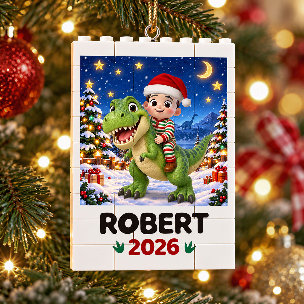 Trending Kid With Dinosaur Design For Boy Girl - Personalized Building Blocks Ornament - Christmas Gift For Grandkids