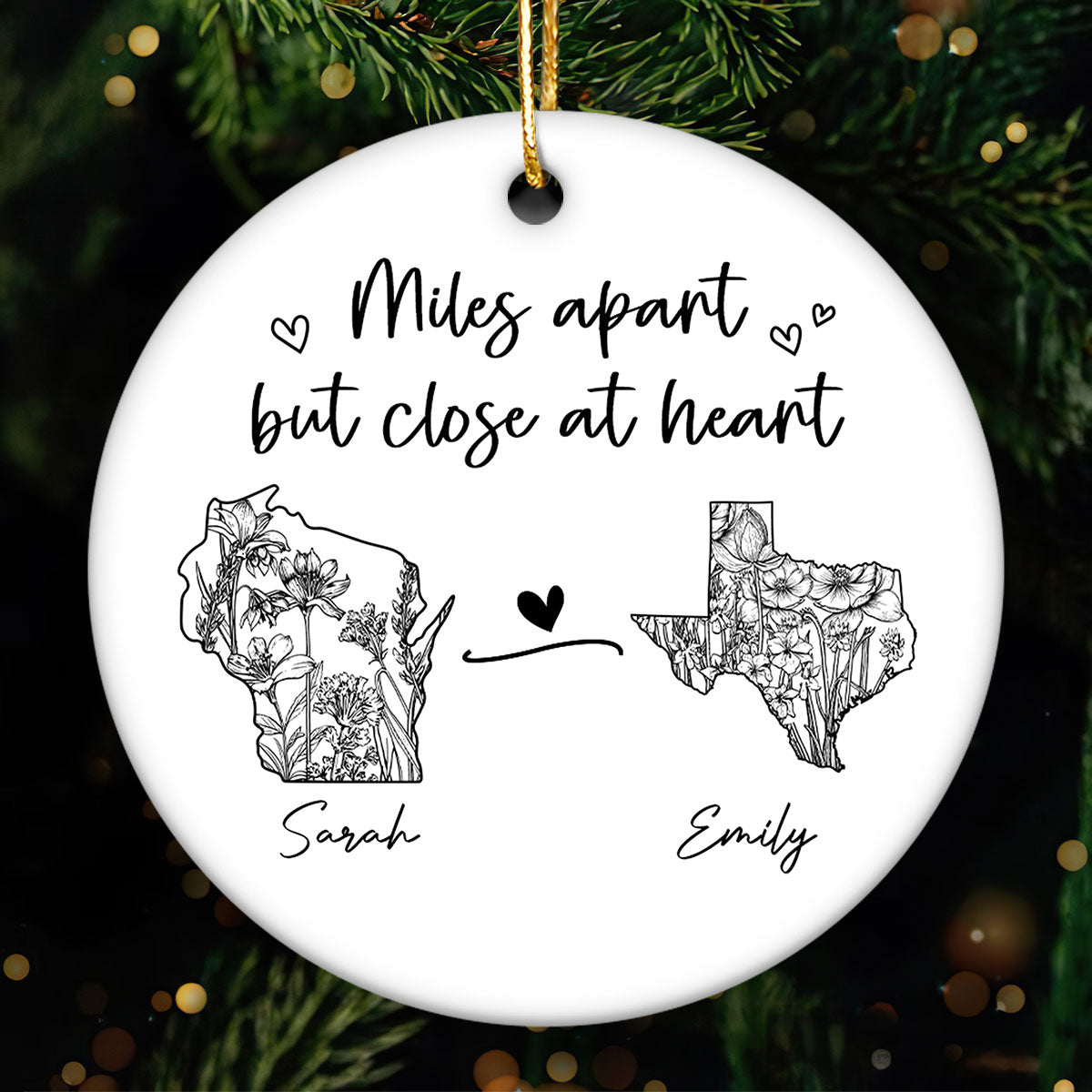 Togetherness Keepsake Long Distance Outline Wildflower State Map Personalized Ceramic Ornament
