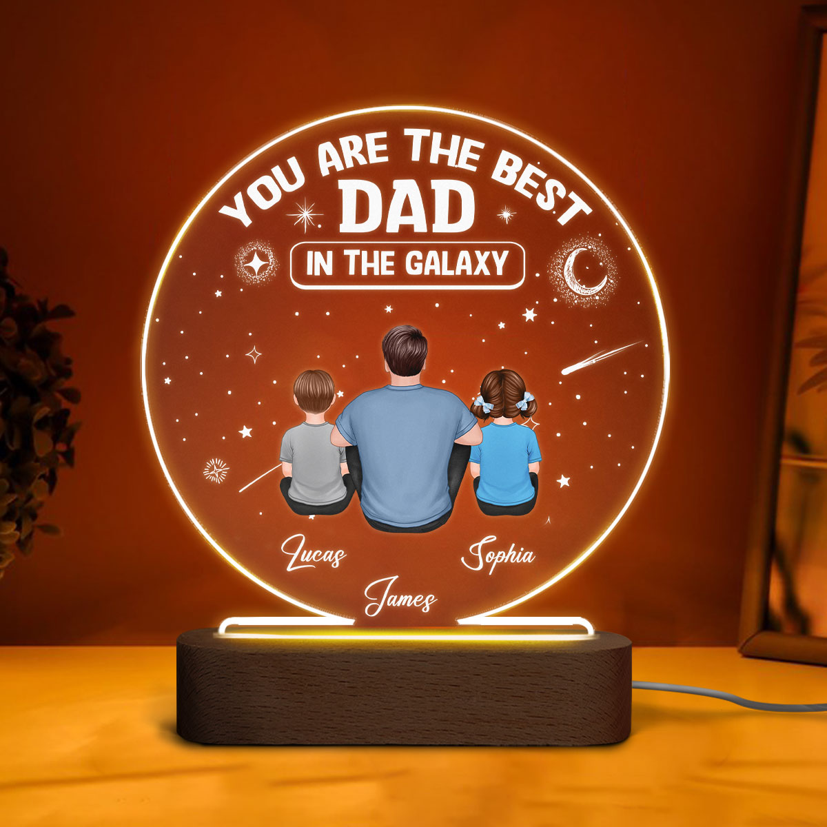 Best Dad In The Galaxy Back View Man Sitting With Kids Dogs Cats Personalized Personalized Circle Acrylic Plaque LED Night Light