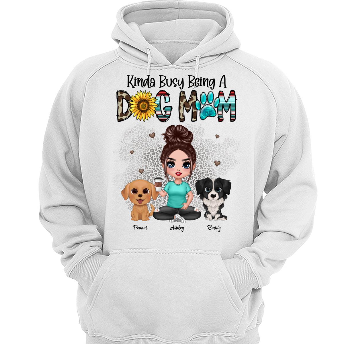 Kinda Busy Being A Dog Mom Western Pattern Teal Leopard Sunflower Doll Girl & Watercolor Dog Personalized Shirt