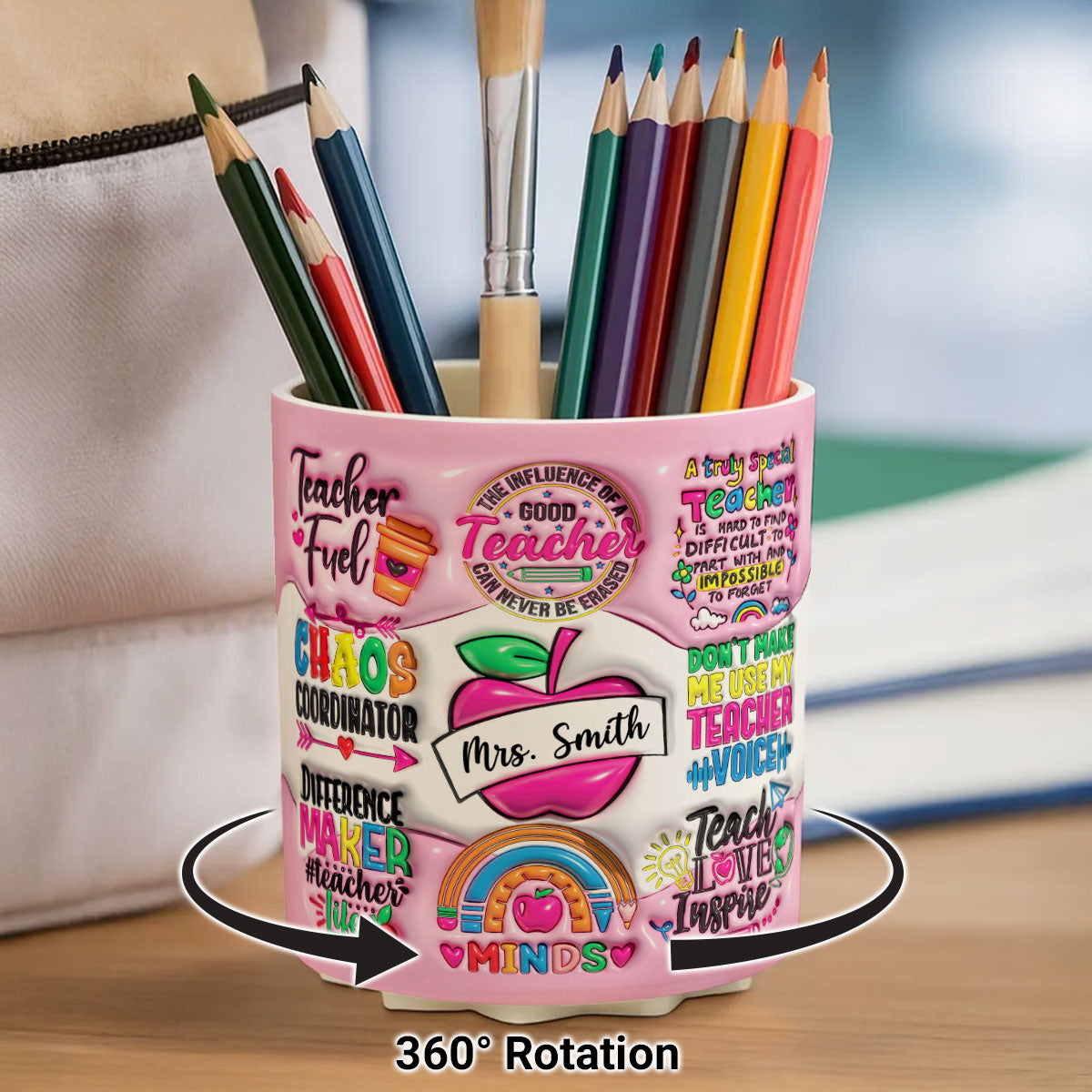 Teacher Fuel Chaos Ordinator 3D Inflated Effect Personalized Rotating Pen Holder, Teacher Appreciation Gift, Back To School Gift