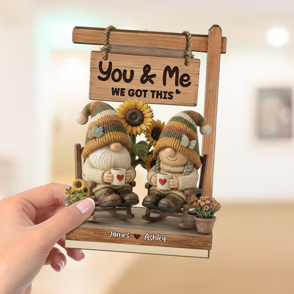 3D Effect Gnome Couple Sitting On Rocking Chair - Personalized 2-Layered Wooden Plaque - Perfect Valentine's Day Gift For Him, Gift For Her