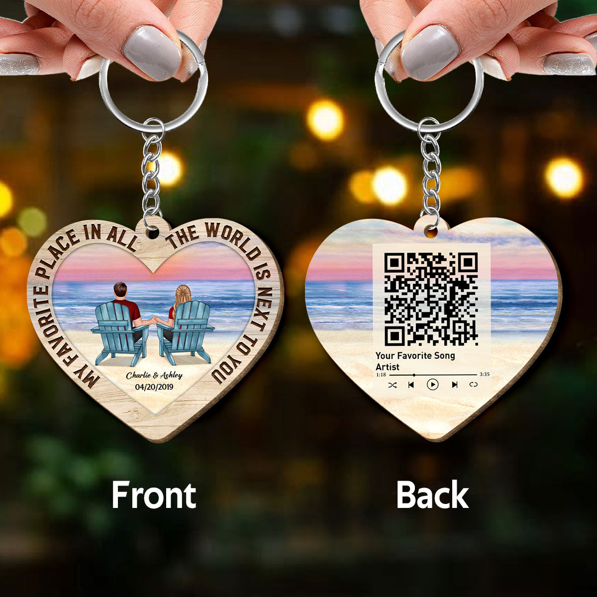 Couple Back View At Beach Favorite Song Scannable QR Code Personalized Heart Shaped Wooden Keychain